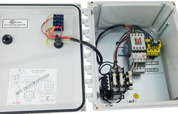 1 HP 480V Enclosed Motor Starter w/ Main Disconnect, Nema 4X HOA 120V Controls 